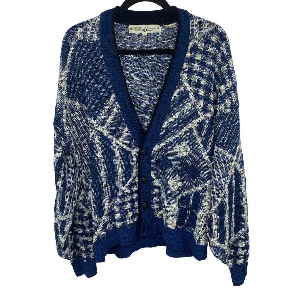 VTG AMERICAN CRUSADER Knit Cardigan Sweater Men's L Blue White Patchwork Grandpa